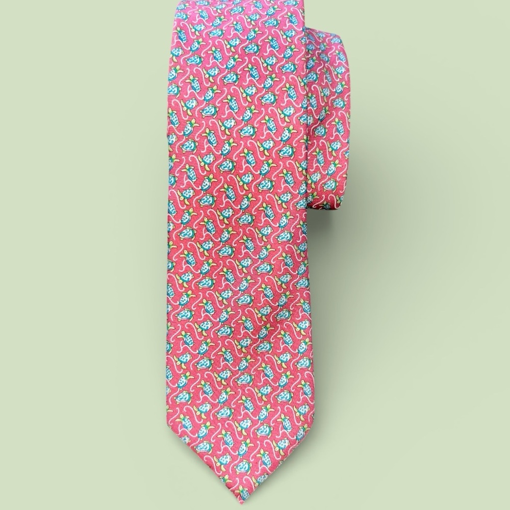 J. Crew Pink Silk Tie Sea Turtle Print Coastal Preppy Southern Classic